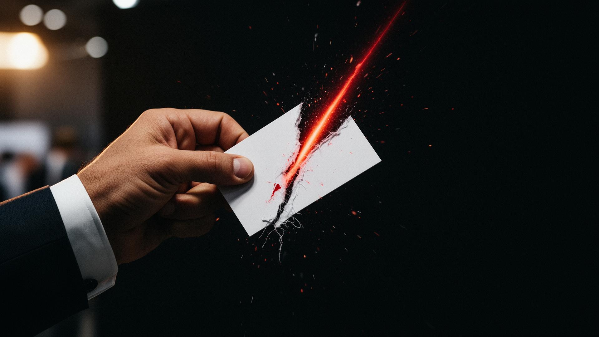 Torn business card with red sparks — RIPCard Pro brand visual